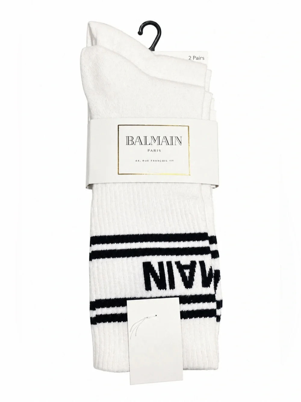 Balmain Paris Logo Stripe Crew Socks 2-Pack White Black Size 43-46 NWT